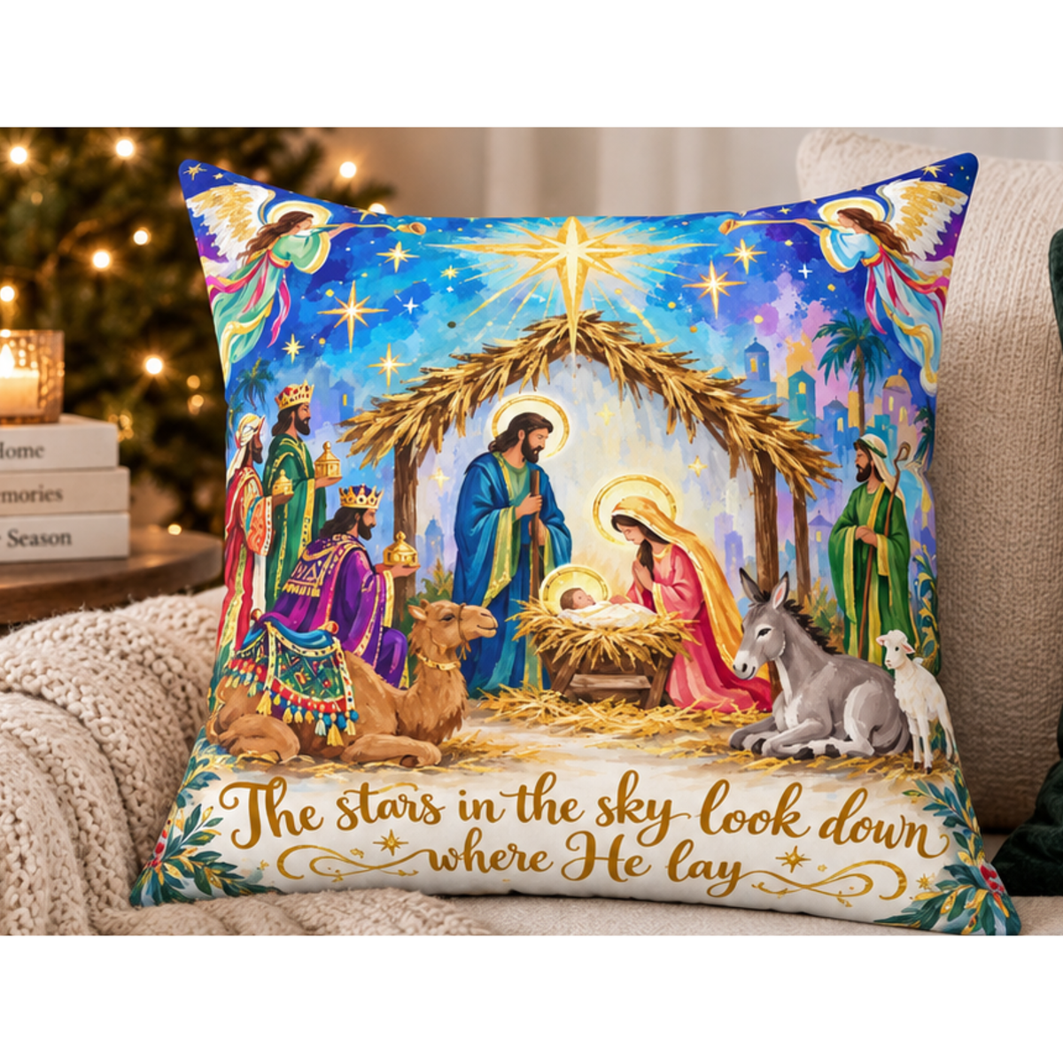 Nativity Scene Christmas pillow by Kraft Paper Scissors, square home decor pillow made of spun polyester with festive nativity design.