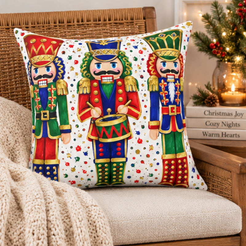Colorful Nutcracker Christmas pillow by Kraft Paper Scissors, festive holiday home decor throw pillow with vibrant holiday design.