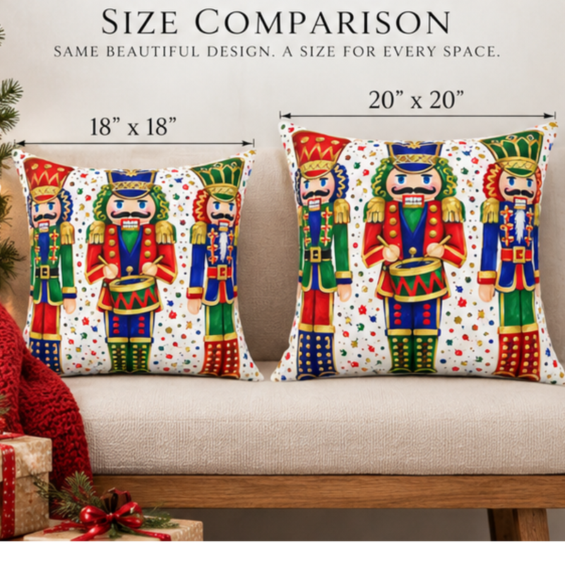 Colorful Nutcracker Christmas throw pillow by Kraft Paper Scissors, festive holiday home decor cushion with a vibrant holiday design.