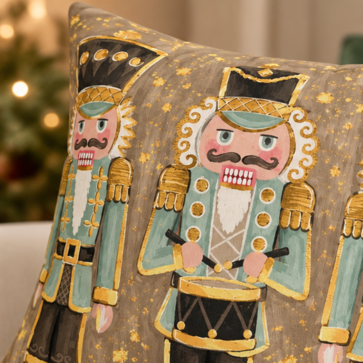 Kraft Paper Scissors Nutcracker Soldiers Christmas holiday decorative throw pillow for home decor, 18x18 inches.
