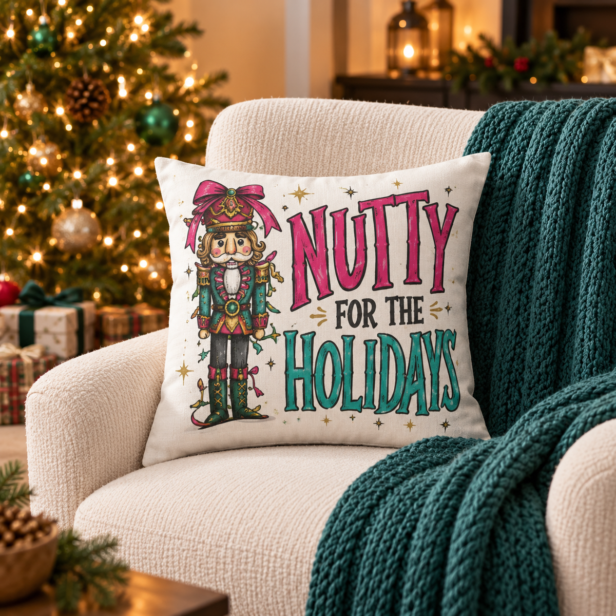 Kraft Paper Scissors Nutty for the Holidays Nutcracker Pillow, 18x18-inch holiday decorative pillow with festive design.