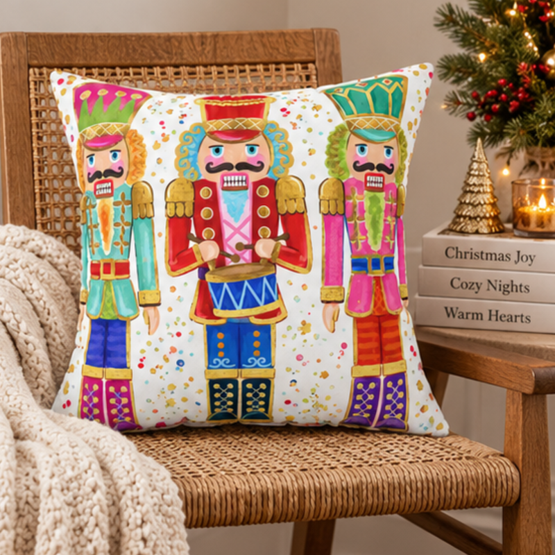 Pink Nutcracker Pillow from Kraft Paper Scissors, colorful Christmas throw pillow, decorative home decor with festive design.