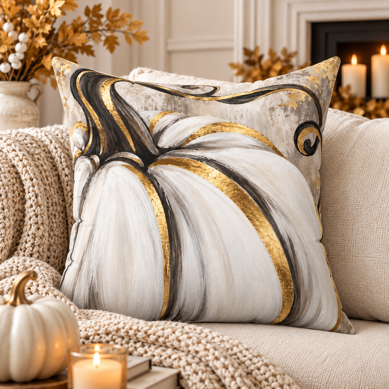 White gold pumpkin decorative pillow from Kraft Paper Scissors, perfect for fall home decor, 18x18 inch pumpkin-themed cushion.