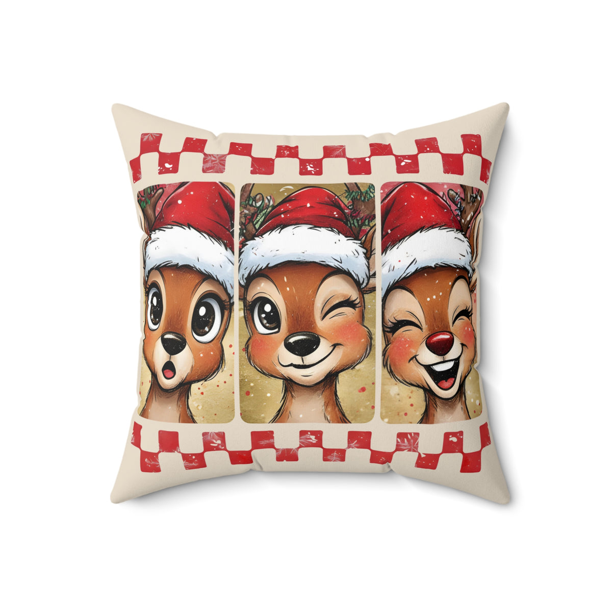 Winking reindeer trio spun polyester pillow for Christmas holiday decor, featuring festive deer design on a cozy home decor pillow.