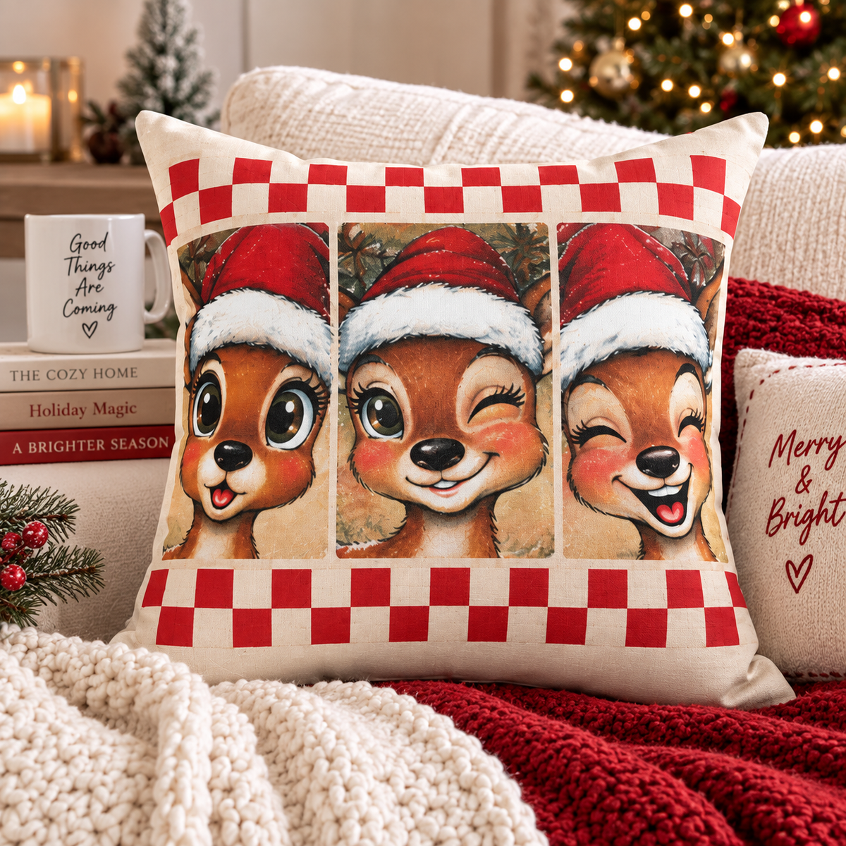 Winking reindeer trio Christmas pillow made of spun polyester, festive holiday decor featuring holiday deer design.