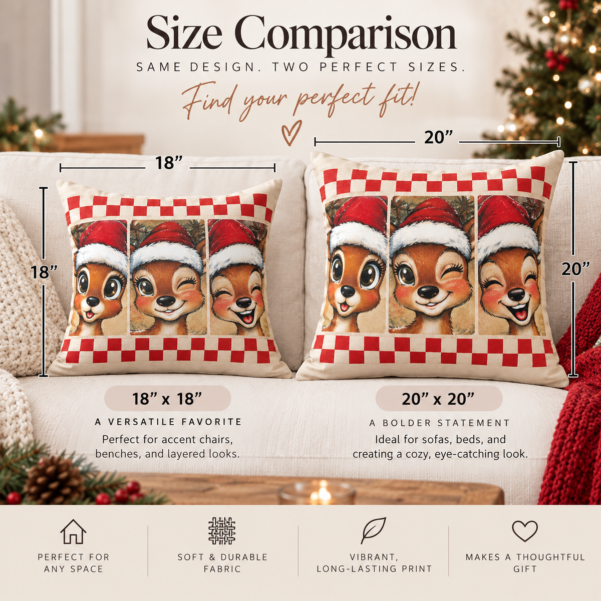 Winking reindeer trio spun polyester Christmas pillow for holiday home decor featuring festive deer design.