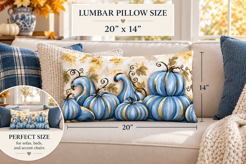 Blue pumpkin lumbar pillow with gold accents, elegant fall-themed home decor cushion by Kraft Paper Scissors