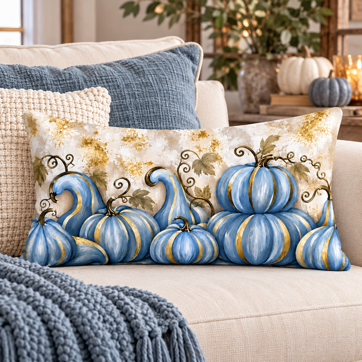 Blue pumpkin lumbar pillow with gold accents, elegant fall home decor, featuring a cozy design and decorative seasonal style.