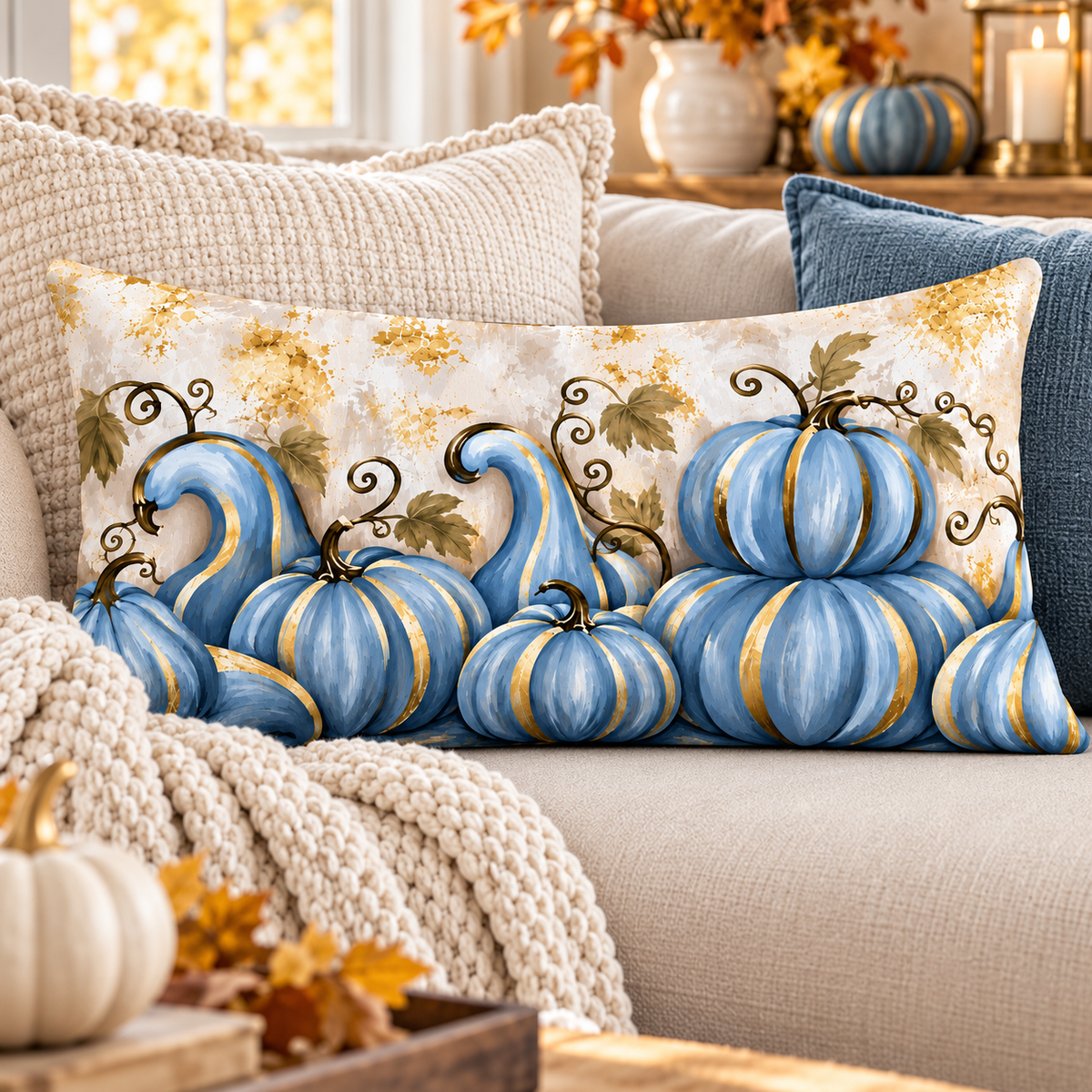 Blue pumpkin lumbar pillow with gold accents, elegant fall-themed home decor throw pillow from Kraft Paper Scissors.