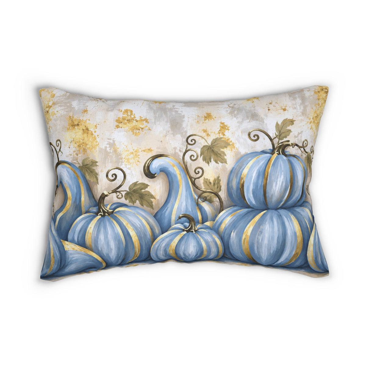 Blue pumpkin lumbar pillow with gold accents, elegant fall-themed home decor throw pillow from Kraft Paper Scissors.