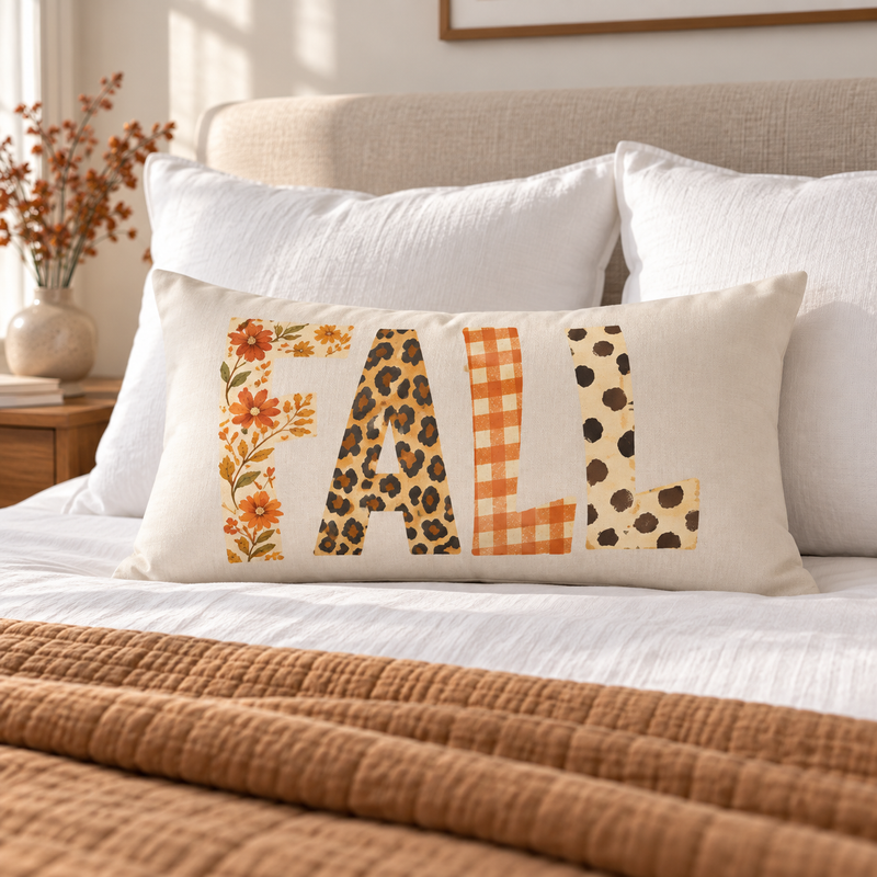 Fall lumbar pillow by Kraft Paper Scissors featuring autumn plaid and leopard print accent, perfect for cozy home decor.
