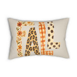 Fall lumbar pillow by Kraft Paper Scissors featuring autumn plaid and leopard print accents for cozy home decor.