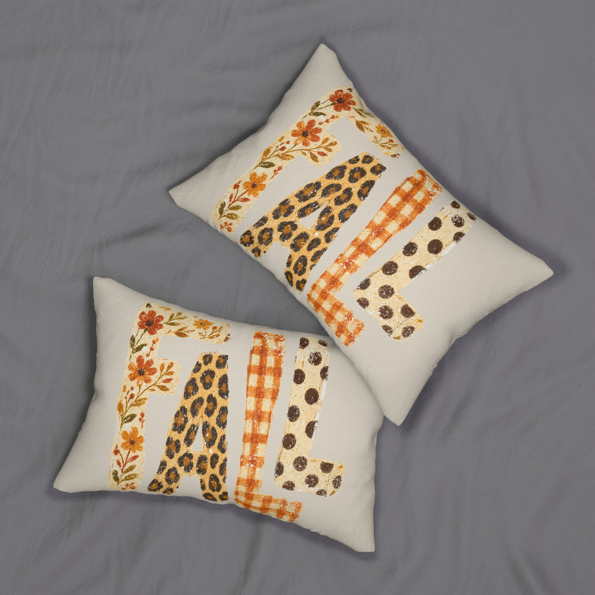 Fall lumbar pillow by Kraft Paper Scissors featuring autumn plaid and leopard print accents for cozy home decor.