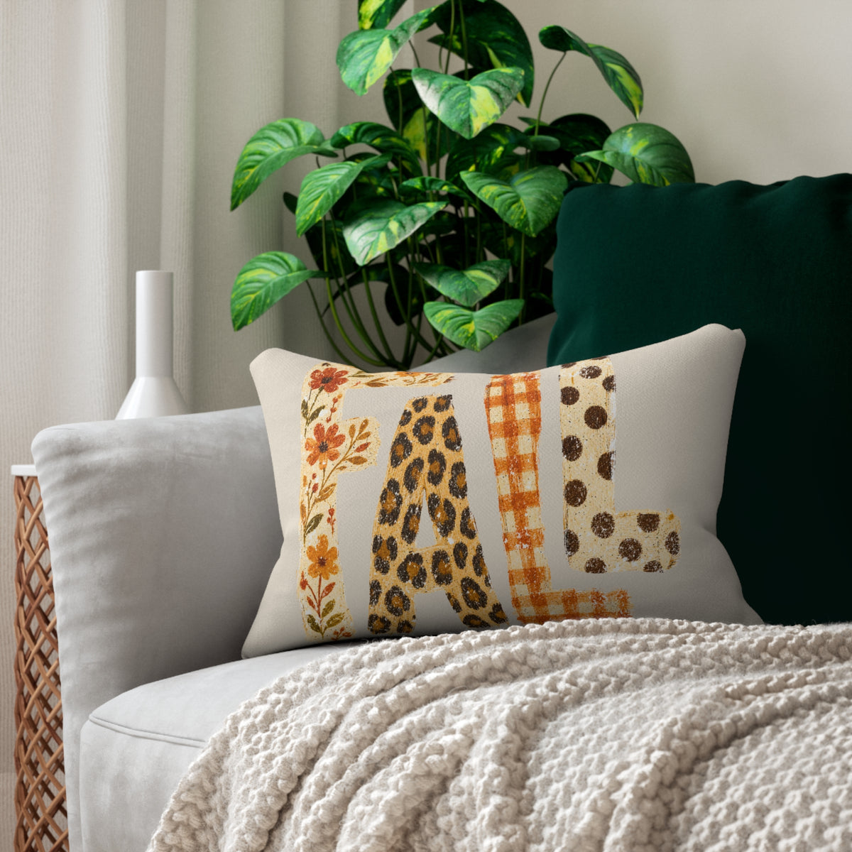 Fall lumbar pillow with autumn plaid and leopard accent featuring Kraft Paper Scissors home decor design.