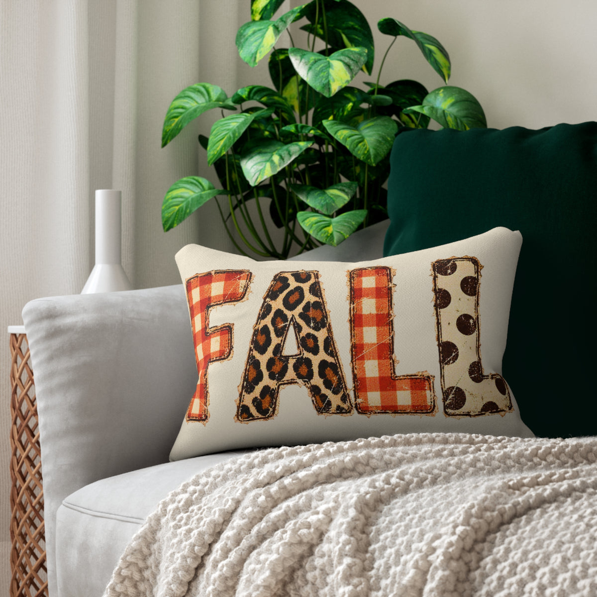 Fall lumbar pillow by BlackbirdOak featuring rustic plaid and leopard accents, ideal for home decor.