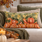 Orange pumpkin watercolor lumbar pillow by Kraft Paper Scissors, fall-themed home decor with sage green and gold accents.