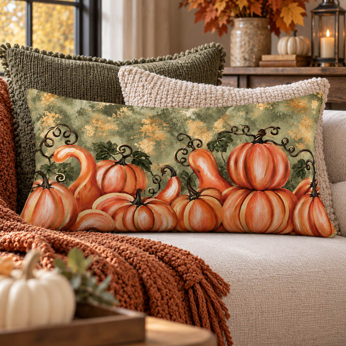Orange pumpkin lumbar pillow with watercolor fall design, sage green and gold accents, home decor by Kraft Paper Scissors