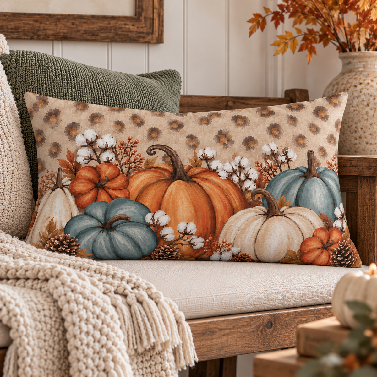 Rustic pumpkin lumbar pillow by Kraft Paper Scissors featuring blue, orange, and cream fall-themed home decor for cozy living spaces.
