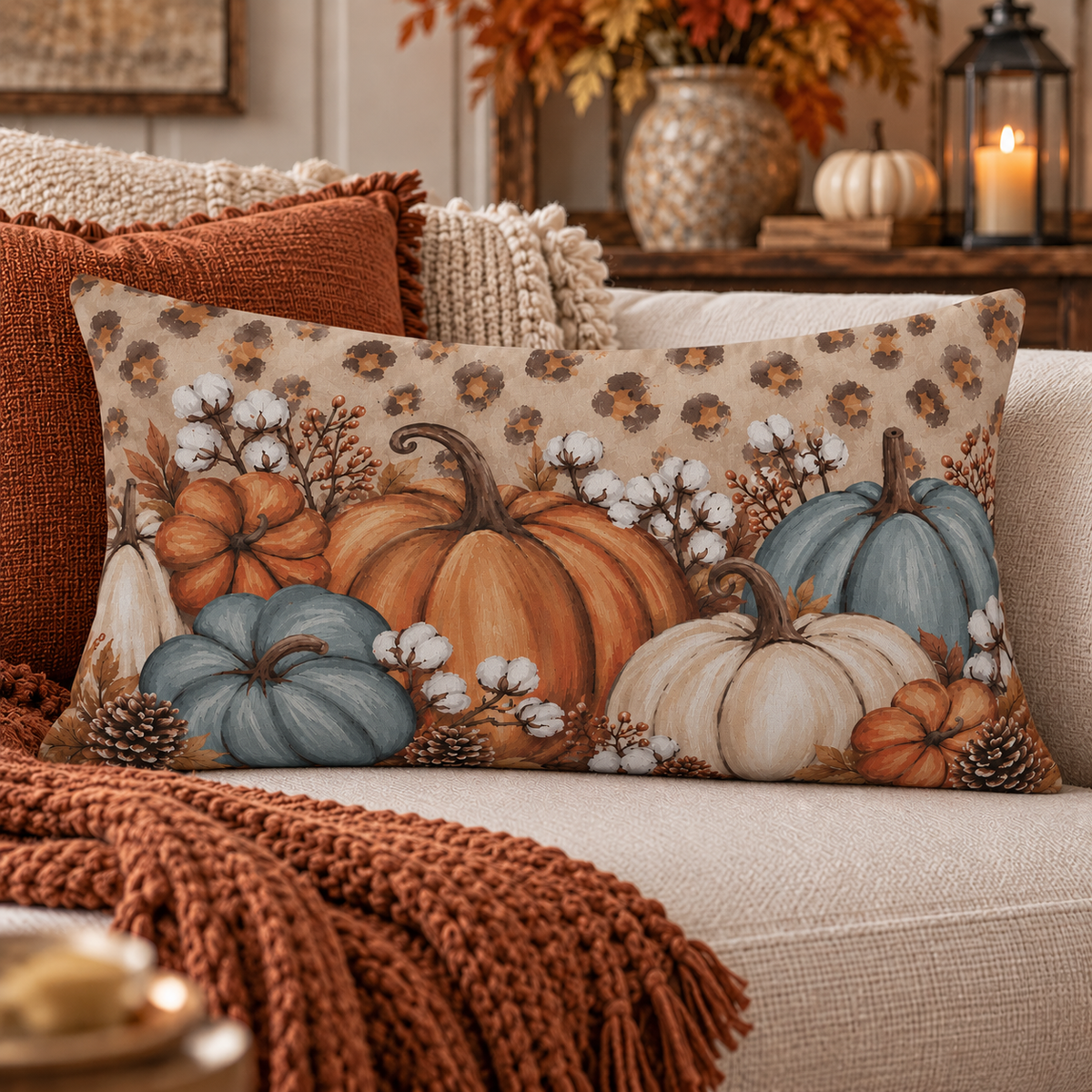 Rustic pumpkin lumbar pillow by Kraft Paper Scissors featuring blue, orange, and cream fall-themed home decor throw pillow.
