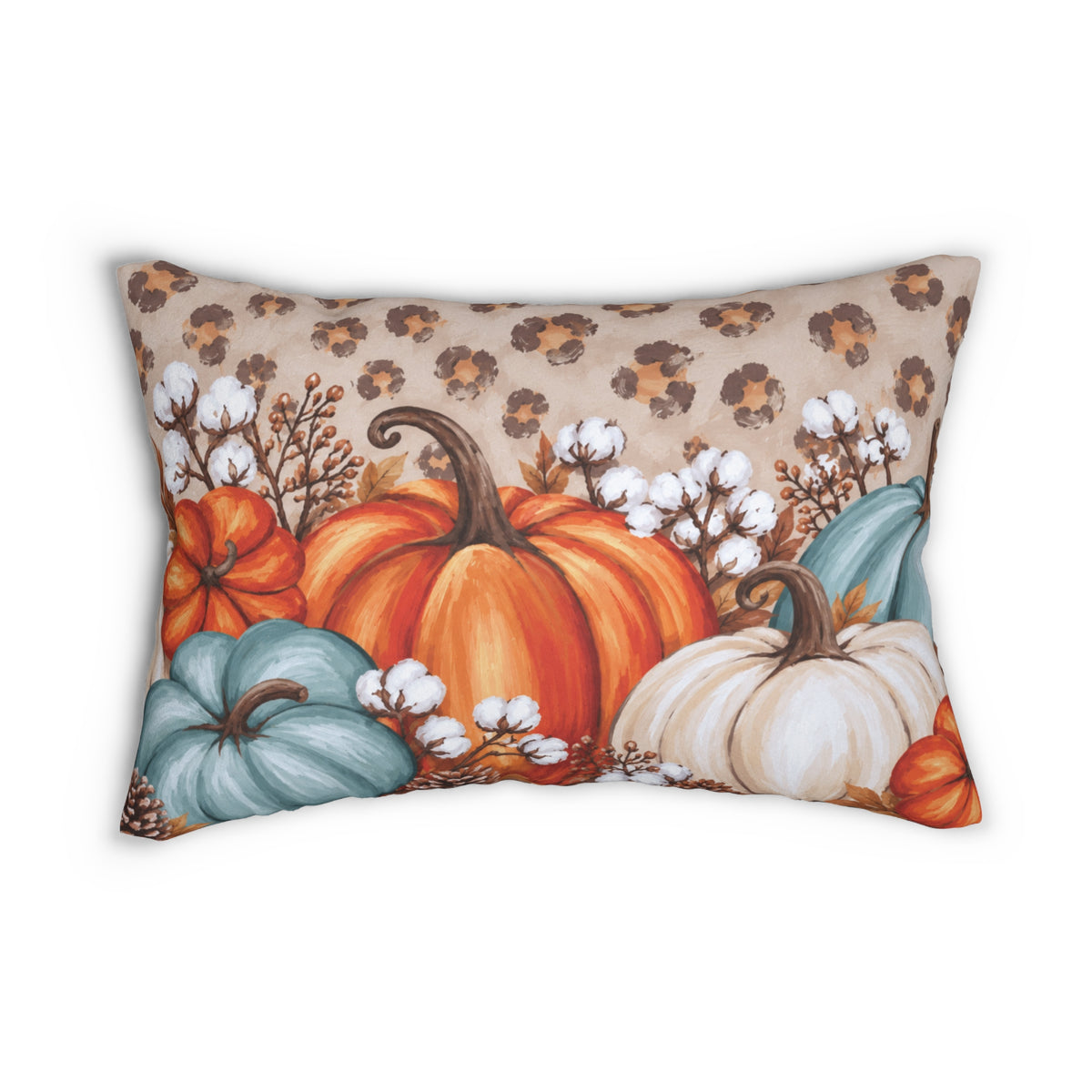 Rustic pumpkin lumbar pillow by Kraft Paper Scissors featuring blue, orange, and cream fall-themed home decor throw pillow.