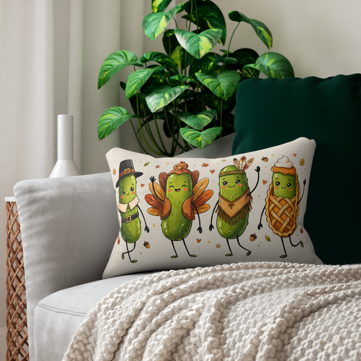Thanksgiving Pickle Friends lumbar pillow by Kraft Paper Scissors featuring a cute fall turkey and pilgrim design for holiday decor.