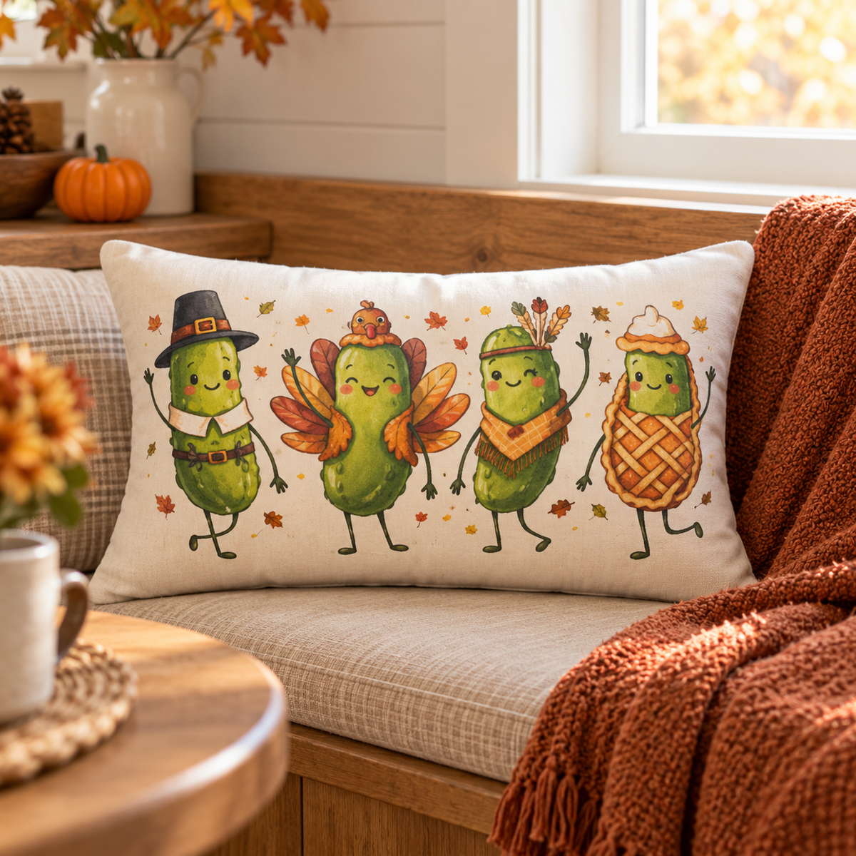 Thanksgiving Pickle Friends lumbar pillow with cute fall turkey and pilgrim design, Kraft Paper Scissors home decor for holiday cozying