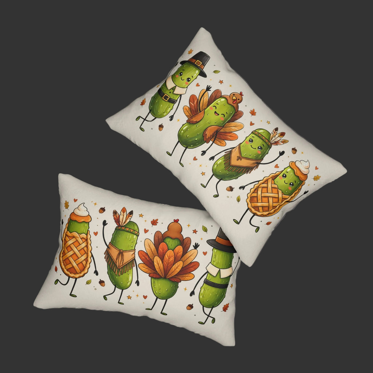 Thanksgiving Pickle Friends lumbar pillow with cute fall turkey and pilgrim design, Kraft Paper Scissors holiday home decor.