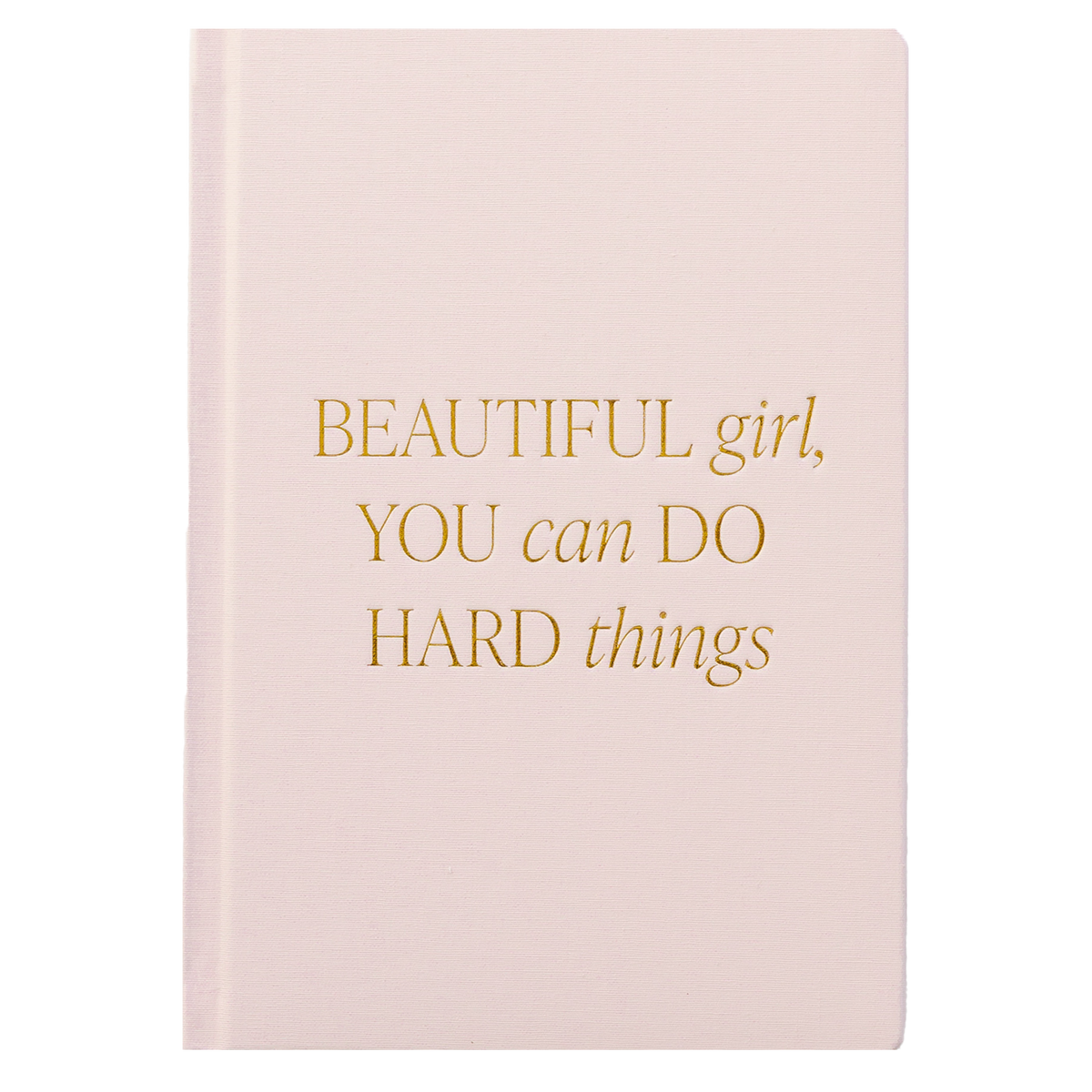 Pink fabric journal titled "Beautiful Girl, You Can Do Hard Things" by BlackbirdOak, featuring kraft-paper scissors on the cover.