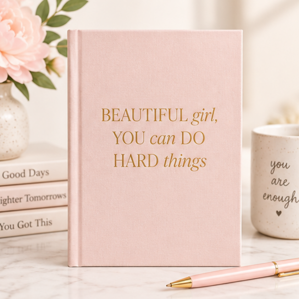 Pink fabric journal titled "Beautiful Girl, You Can Do Hard Things" by BlackbirdOak with kraft-paper scissors illustration.
