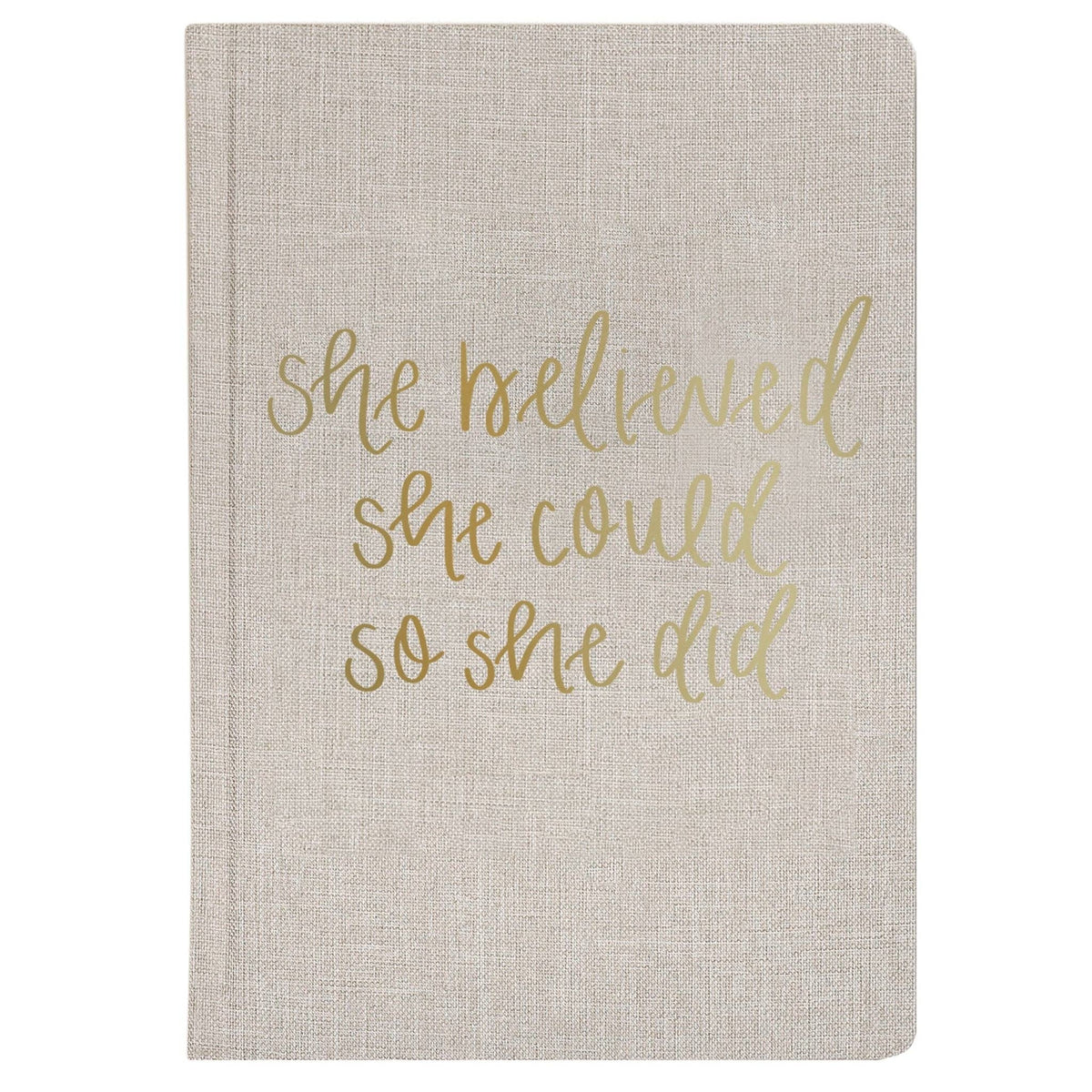 Tan fabric journal with kraft paper cover featuring the quote "She Believed She Could So She Did" by BlackbirdOak.