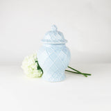Three light blue textured ginger jars in small, medium, and large sizes, showcasing decorative ceramic vases by Shop Holly J Home.