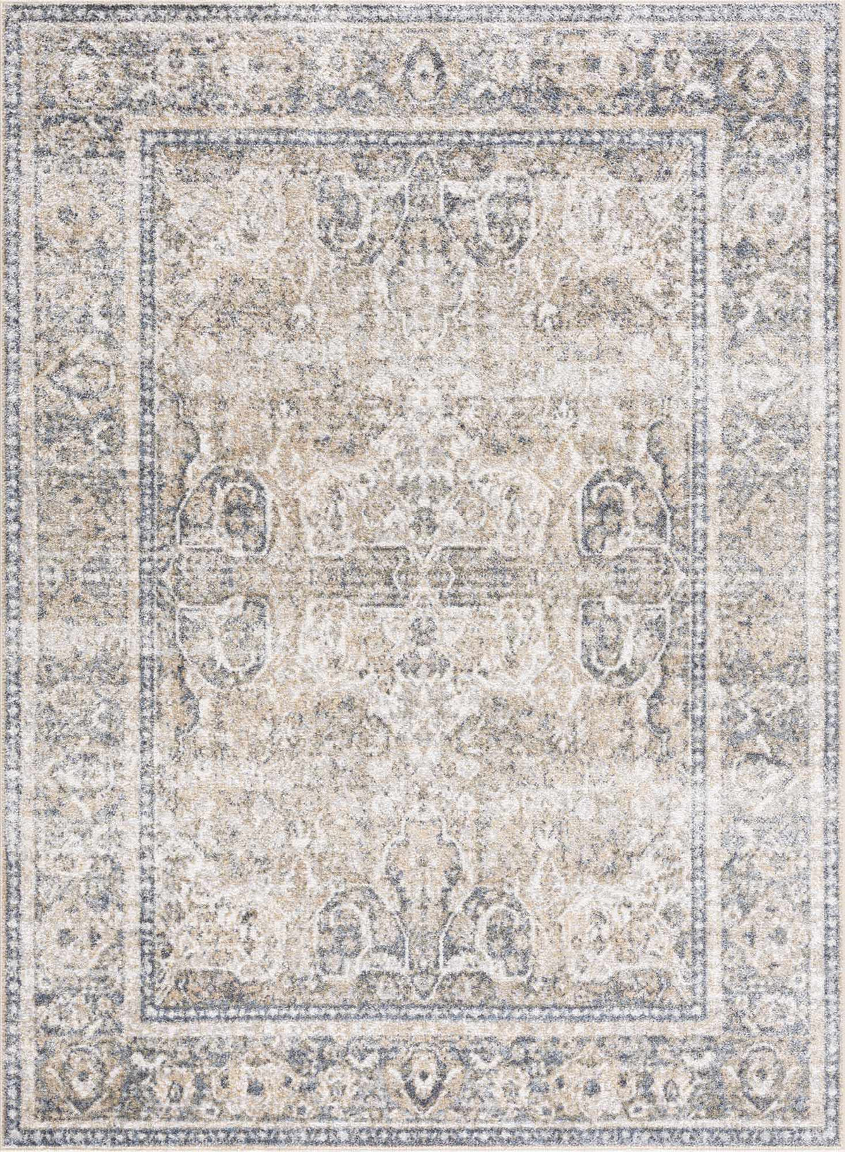 A washable Boutique Rugs area rug with geometric design in neutral tones, displayed on a hardwood floor.