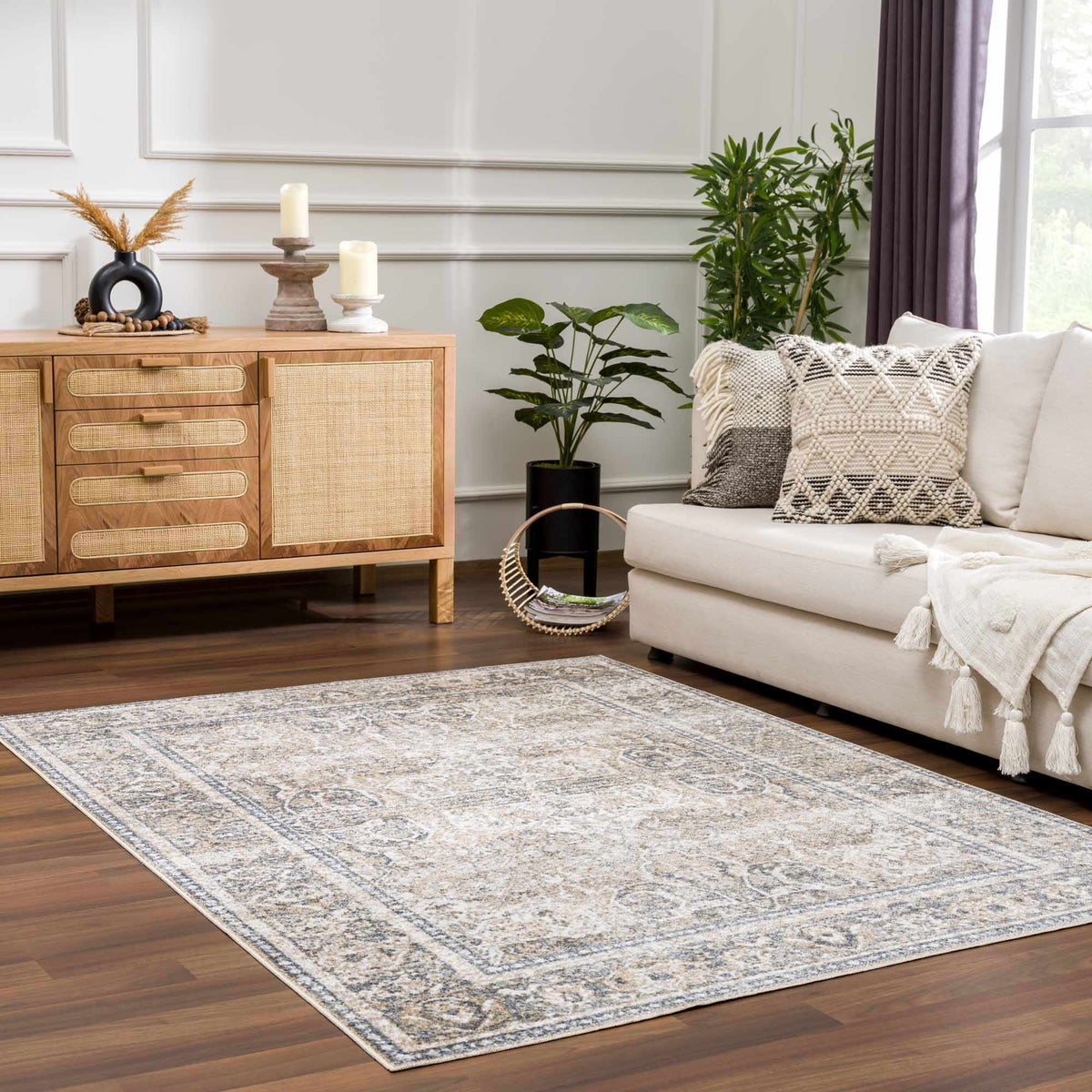 A washable Boutique Rugs rug in a room scene, showcasing a stylish, soft textile with intricate patterns and vibrant colors.