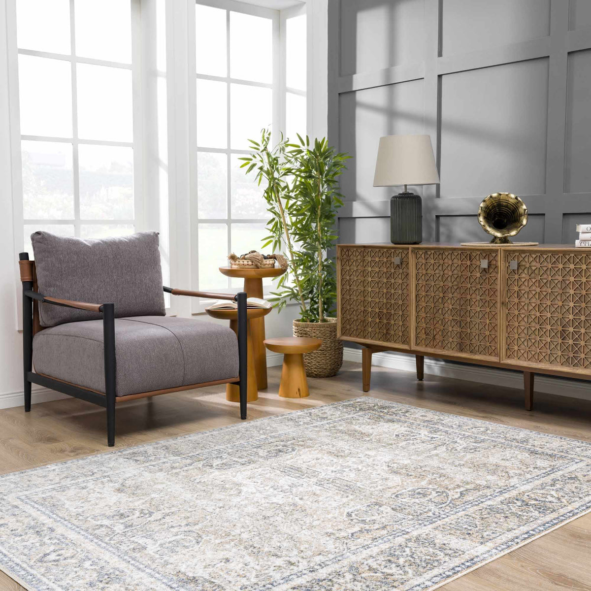 A washable Boutique Rugs rug in a modern room setting featuring a stylish, soft-textured rug with neutral tones.