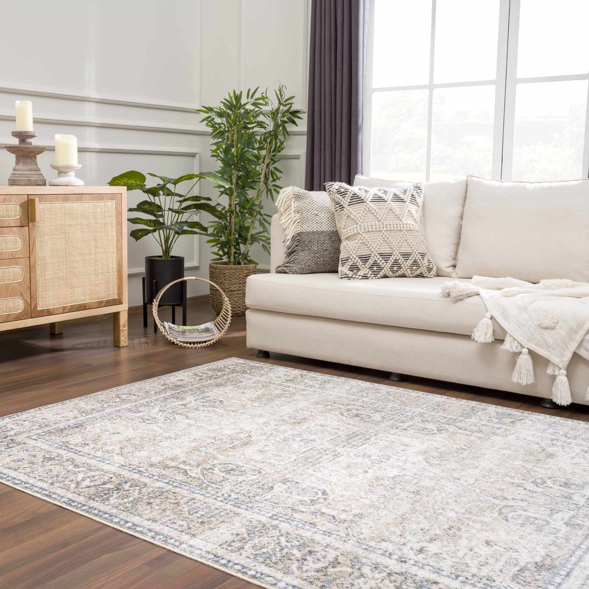 A washable Boutique Rugs rug with a modern geometric pattern, displayed in a cozy room setting.