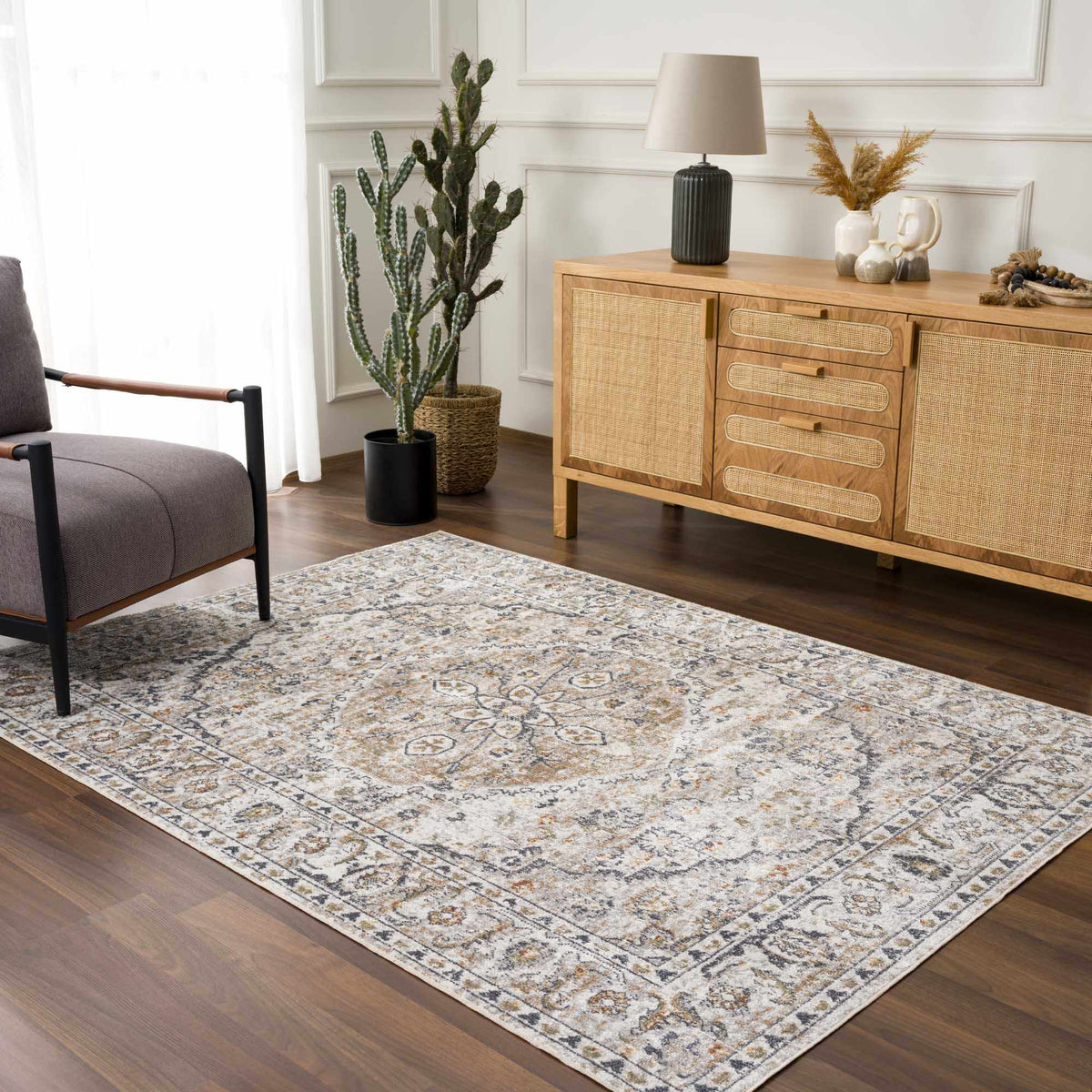 Boutique Rugs Hiti Cream flat pile washable rug laid out in a modern living room setting.