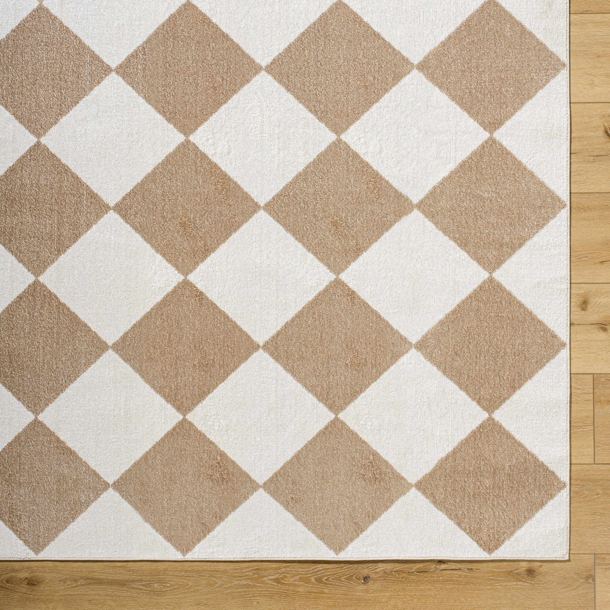 Overhead view of Hauteloom Ulric washable area rug with geometric pattern, showcasing its soft texture and vibrant colors.