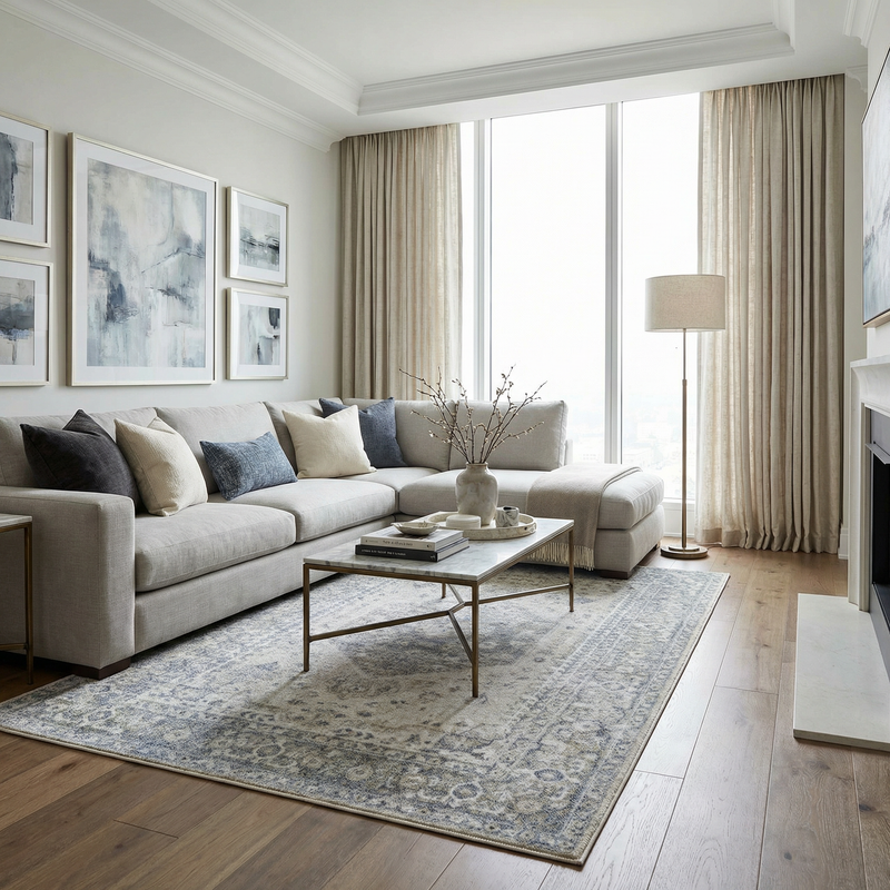Blue Boutique Washable Rug with intricate pattern, showcasing soft fabric and versatile design for modern home decor.