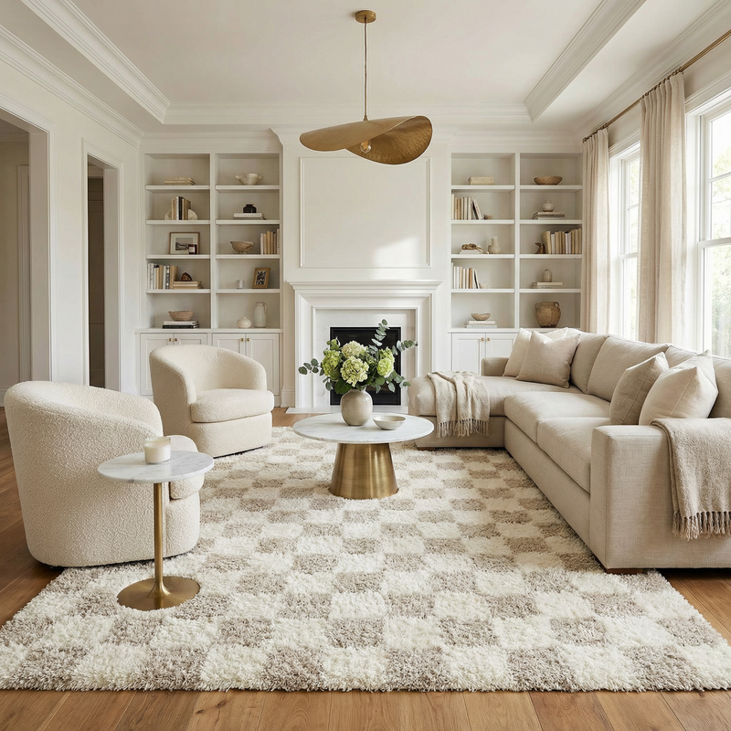 Light brown checkered area rug from Boutique Rugs featuring a classic pattern and soft textured surface.