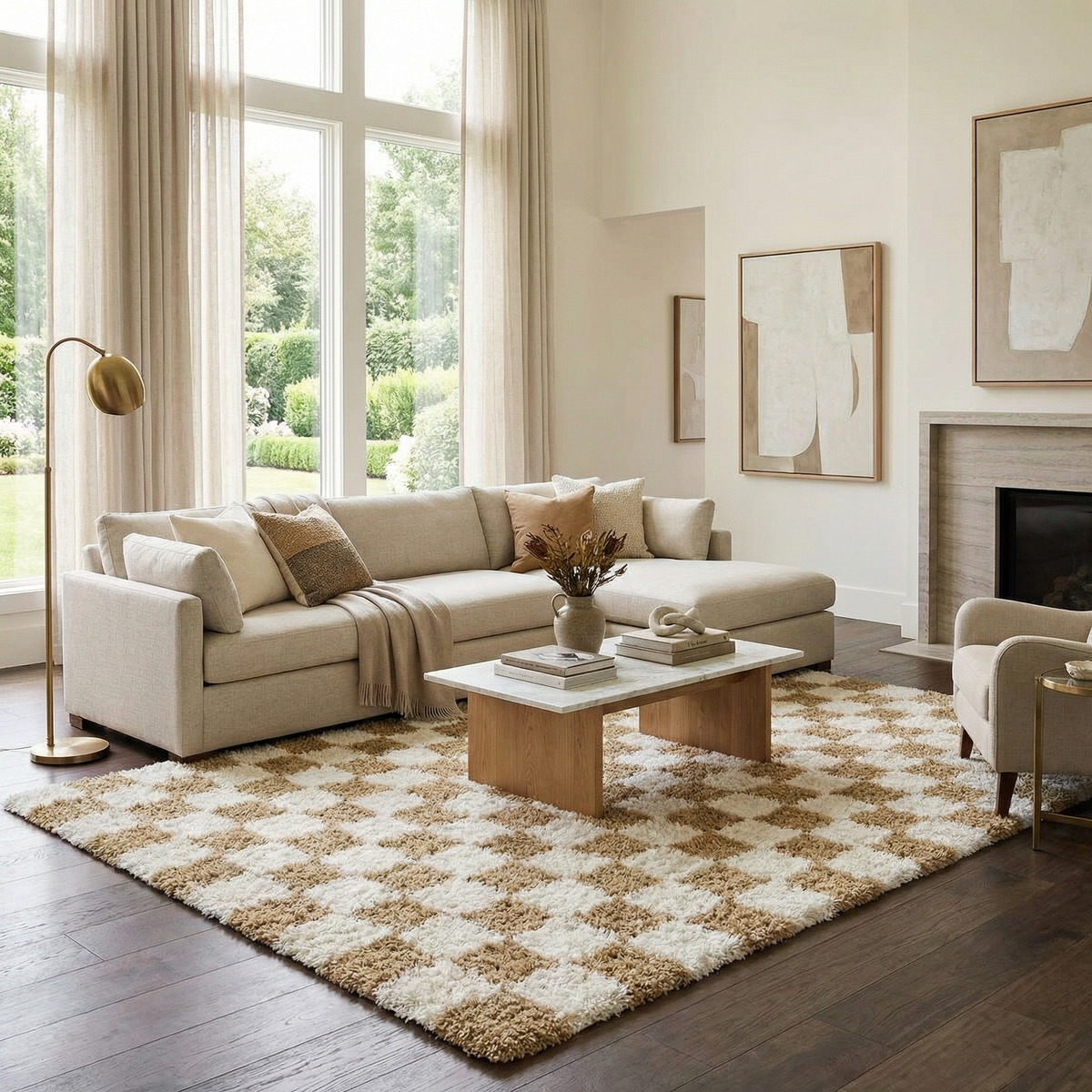 Boutique Rugs Atira Mustard Checkered Area Rug with a bold yellow and brown checkered pattern, made of soft woven fabric.
