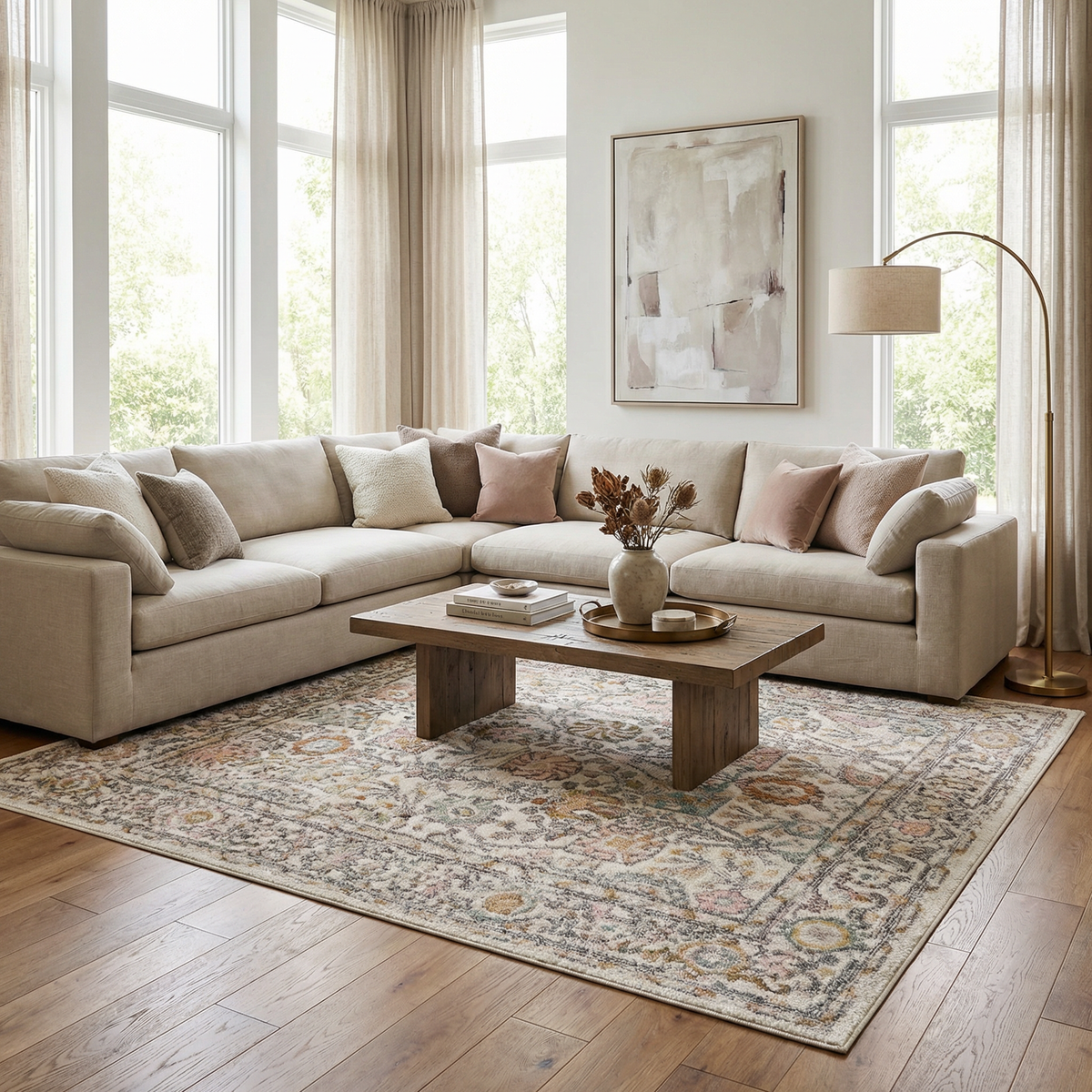 Herstmonceux Area Rug by Boutique Rugs featuring a detailed floral and geometric pattern in muted tones.