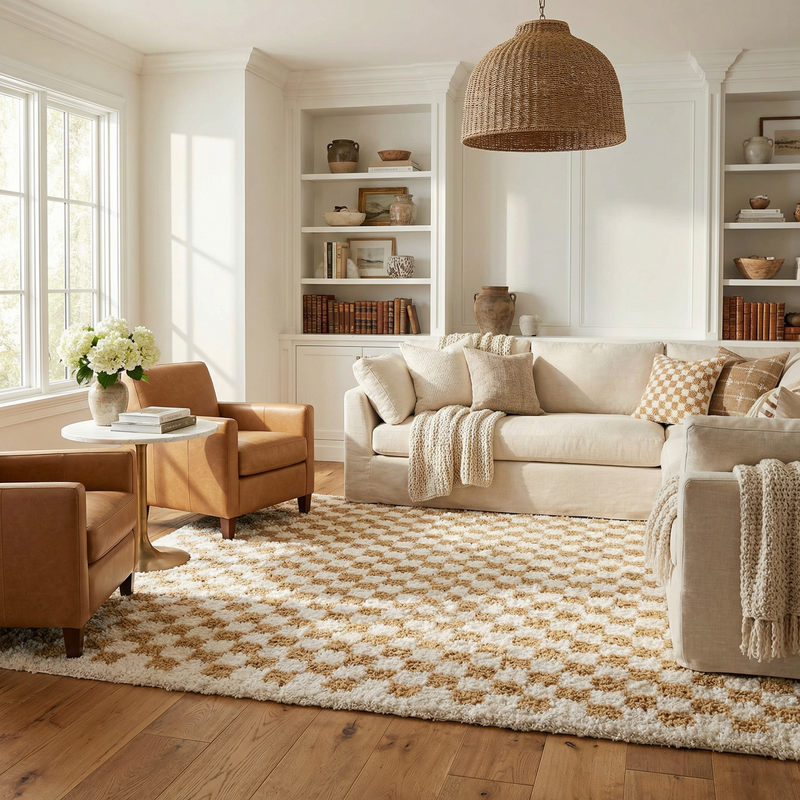 Kieu Mustard and Ivory Checkered Area Rug by Boutique Rugs showing a yellow and cream checkered pattern on soft woven fabric.