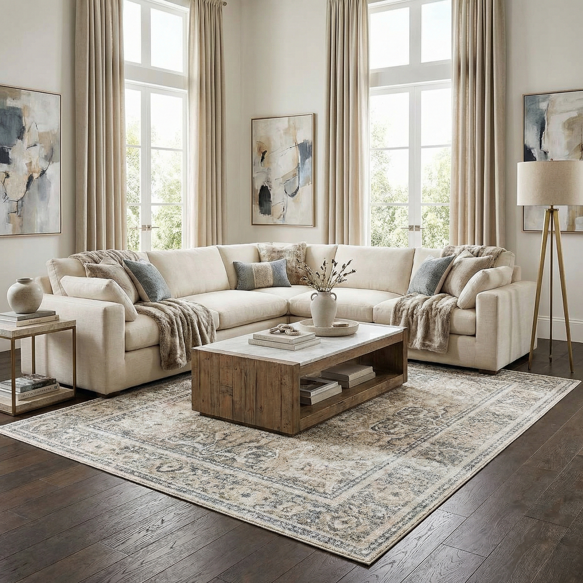 Colorful washable rug from Arias Boutique Rugs featuring a vibrant geometric pattern on a soft fabric surface.