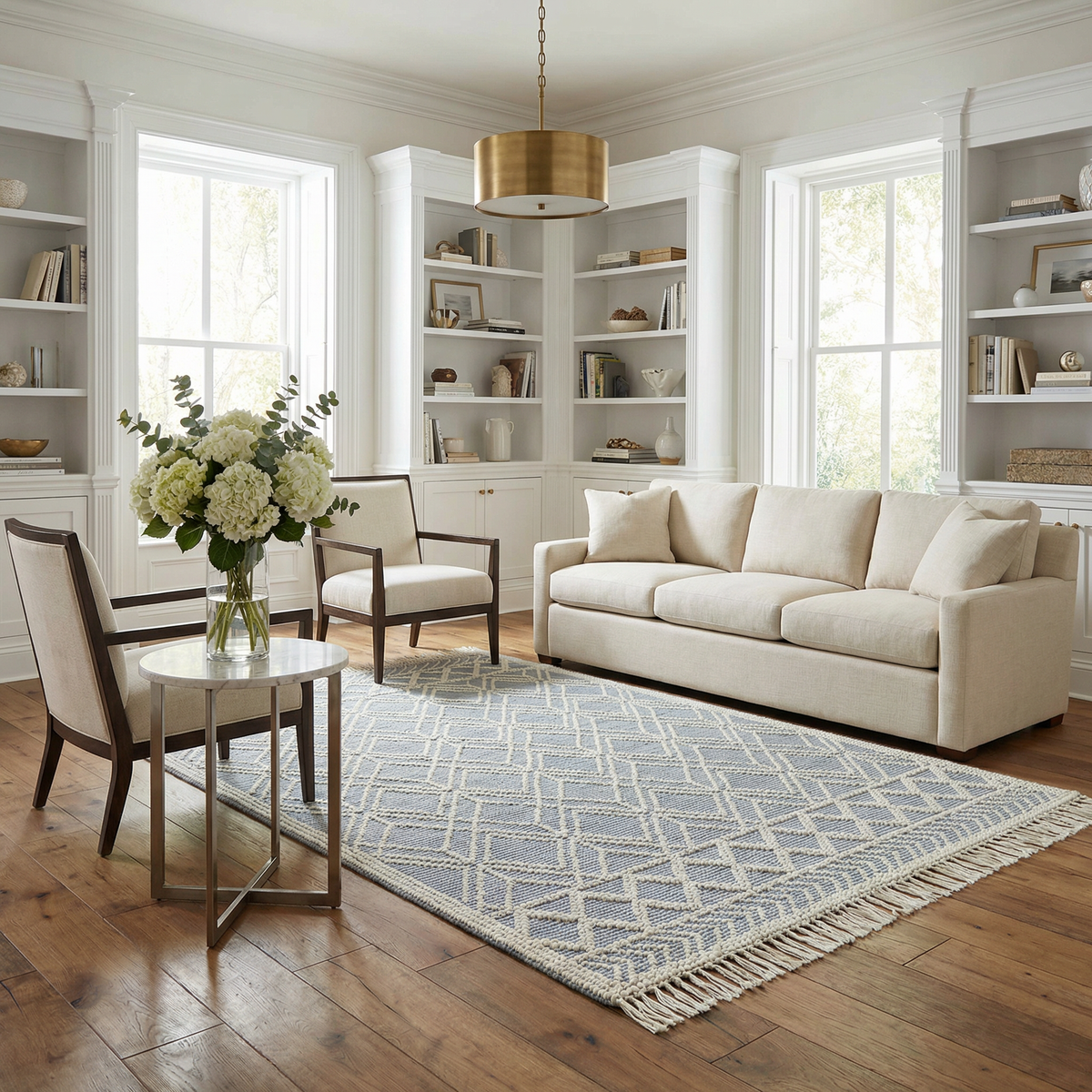 Blue wool rug with a Ramsbury denim pattern, showcasing a textured, soft surface perfect for living room or bedroom decor.