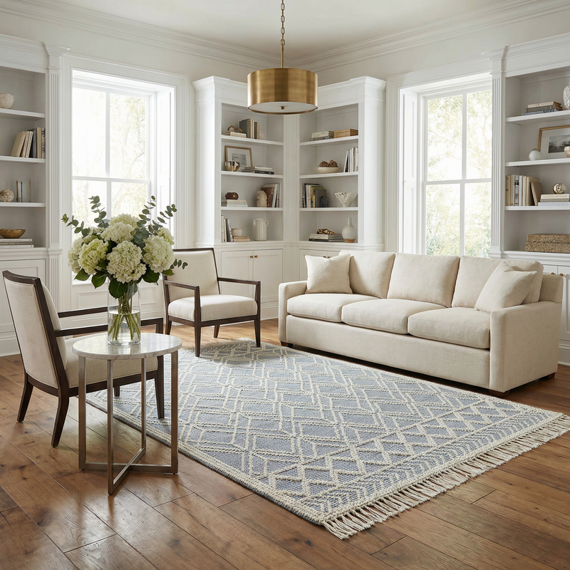 Blue wool rug with a Ramsbury denim pattern, showcasing a textured, soft surface perfect for living room or bedroom decor.