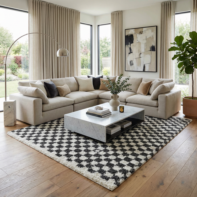 Kieu Black and White Checkered Shag Rug by Boutique Rugs, showcasing a plush, textured black and white checkered pattern.