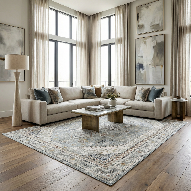 Gray and blue Kouta area rug by Boutique Rugs, showcasing a textured pattern with soft, woven fibers on a neutral floor.