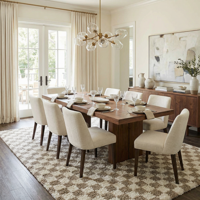 Kieu Taupe Checkered Shag Rug by Boutique Rugs featuring a soft taupe and checkered pattern for cozy home decor.