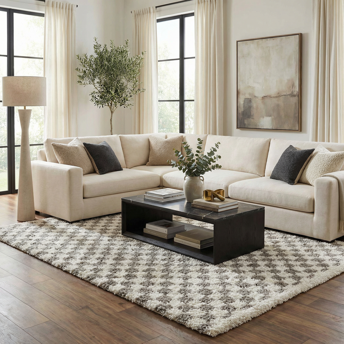 Taupe checkered plush rug from Boutique Rugs featuring soft, textured fabric with a stylish checkered pattern.