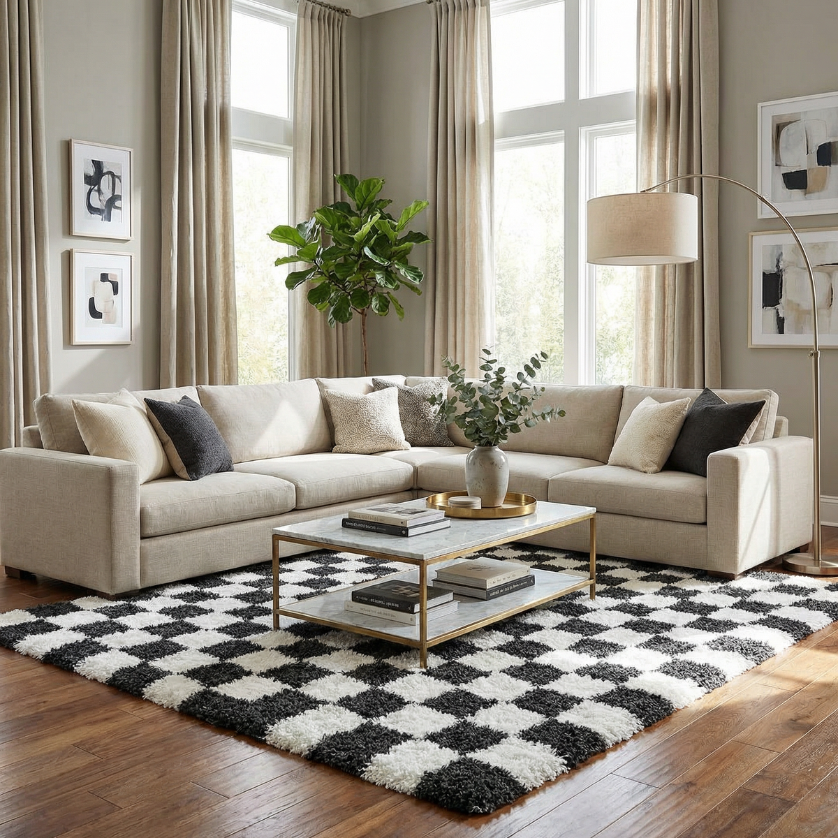 Black and white checkered area rug by Boutique Rugs with a modern checkered pattern, perfect for contemporary living spaces.